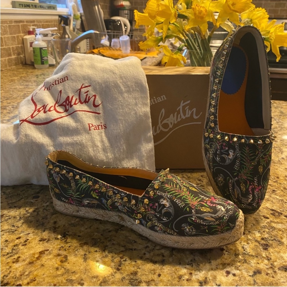 Black Floral Christian Louboutin Spiked Espadrilles Flats Sizing-see measurement